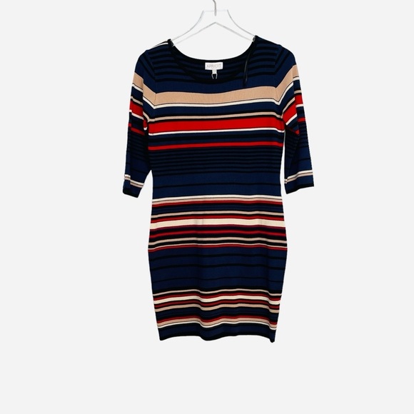 APRICOT Blue and Red Ribbed Sheath Dress with Crew Neck - Picture 5 of 13